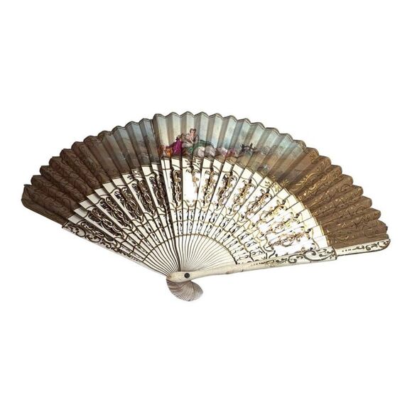 Vintage Alexandre Hand-Painted Folding Fan Signed Gold & Courting Couple READ - Picture 1 of 11
